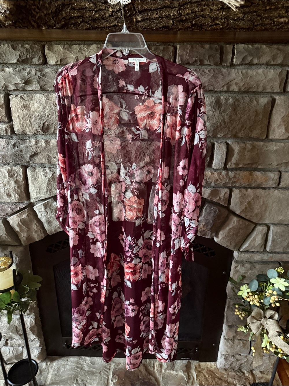 Maurices Burgundy Floral Sheer Long Sleeve Cardigan